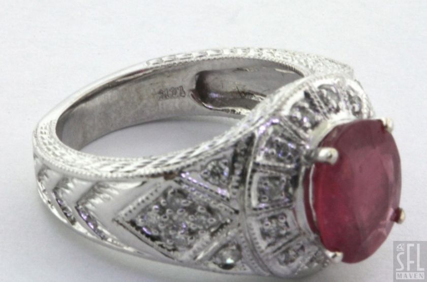 HEAVY 14K WHITE GOLD 3.24CTW DIAMOND/RUBY CARVED COCKTAIL RING SIZE 7 