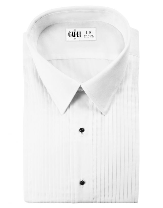 NEW Cardi White Laydown Collar Pleated Tuxedo Shirt Microfiber Formal 