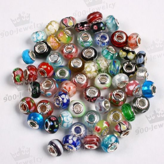 BULK LOT 60PC LAMPWORK GLASS BIG HOLE BEADS FIT CHARM  