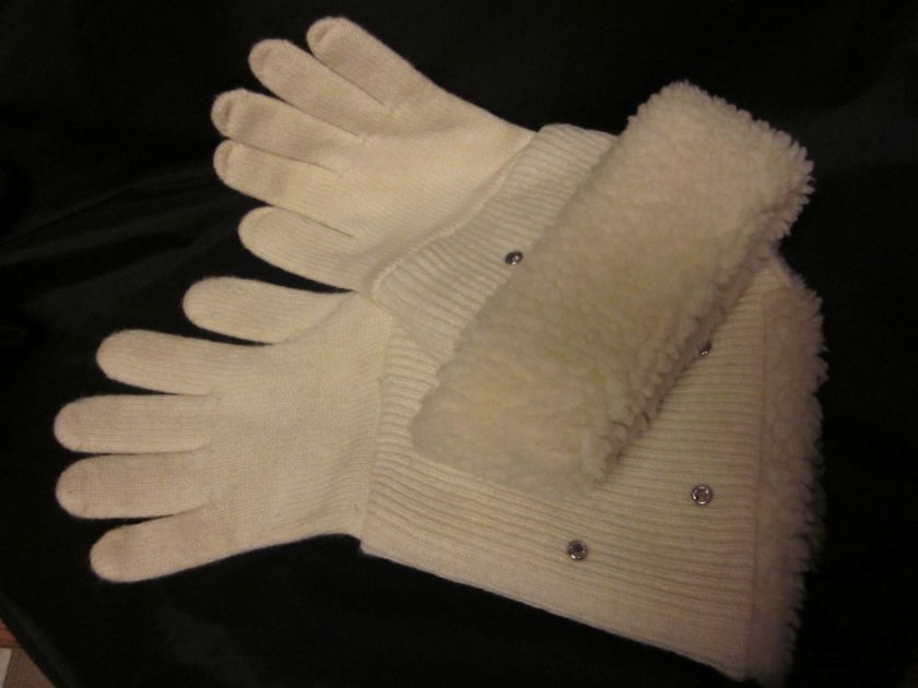 IVORY KNIT LONG WINTER FUN FASHION GLOVES 14 FLEECE OOAK RHINESTONE 