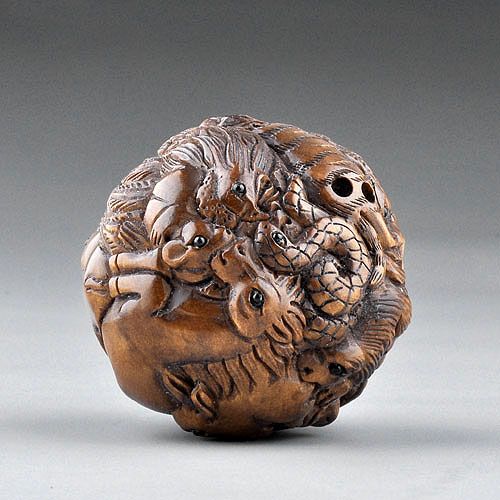   Sculpture Boxwood Wood Netsuke The Twelve Zodiac Animals Ball  