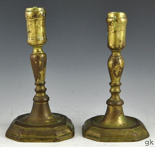Pair 2 Antique Queen Anne Brass Candlesticks 1700s  