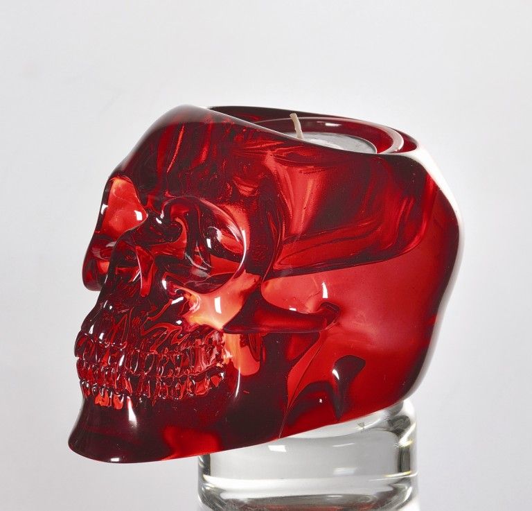 RED CRYSTAL SKULL STATUE TRANSLUCENT CANDLE HOLDER  