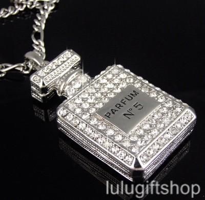 BIG PERFUME BOTTLE PENDANT NECKLACE W SWAROVSKI CRYSTAL  