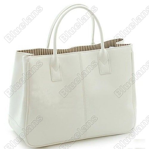   PU Leather Handbag Tote Shoppers Top Handles Bags Purse White  