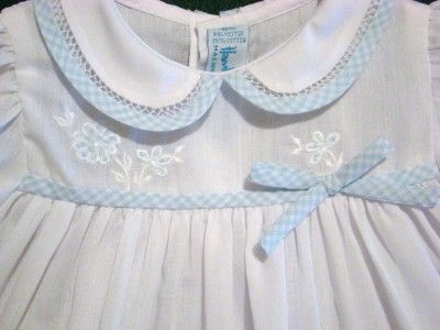 HAND~EMBROIDERED PREEMIE/NEWBORN 2PC PINK/BLUE GINGHAM TRIMMED WHITE 