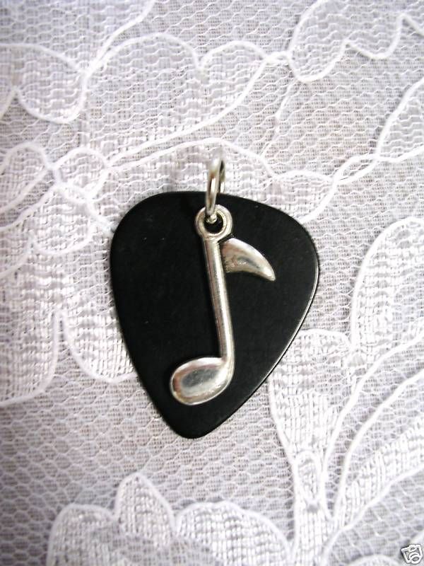 BLACK GUITAR PICK w MUSIC NOTE CHARM PENDANT NECKLACE  