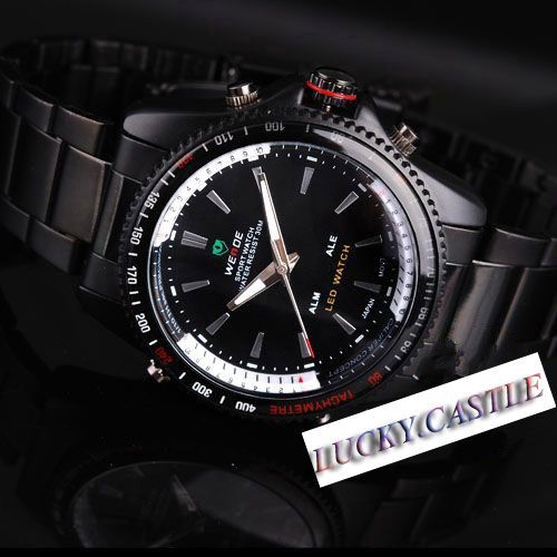 UNIQUE BLACK LED MULTIFUNCTION MENS STEEL BAND WATCH  