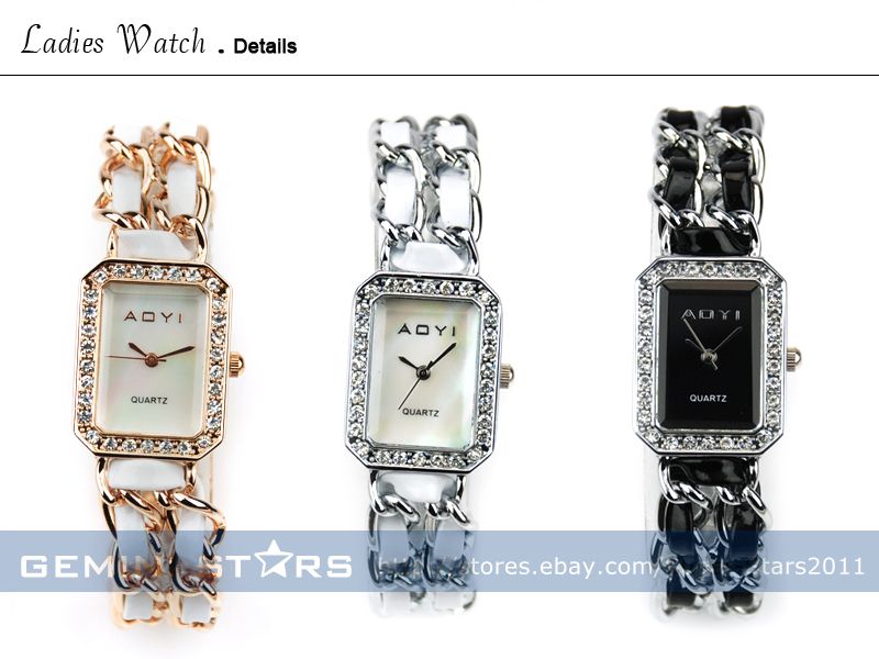 Fashion Crystal Bezel Numberless PU+Metal Strap Lady Bracelet Dress 