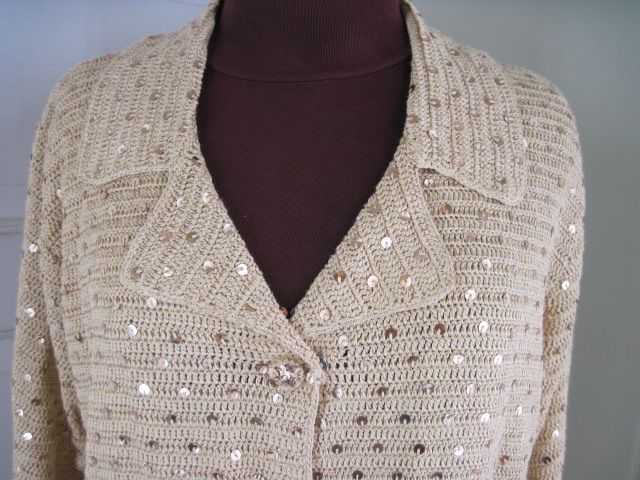 STORYBOOK KNITS Camel Gold Sequins Cardi Sweater L  