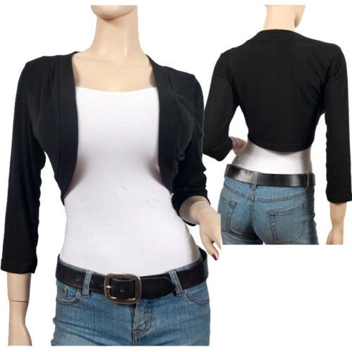 Black 3/4 Sleeve Plus Size Cropped Bolero Shrug  