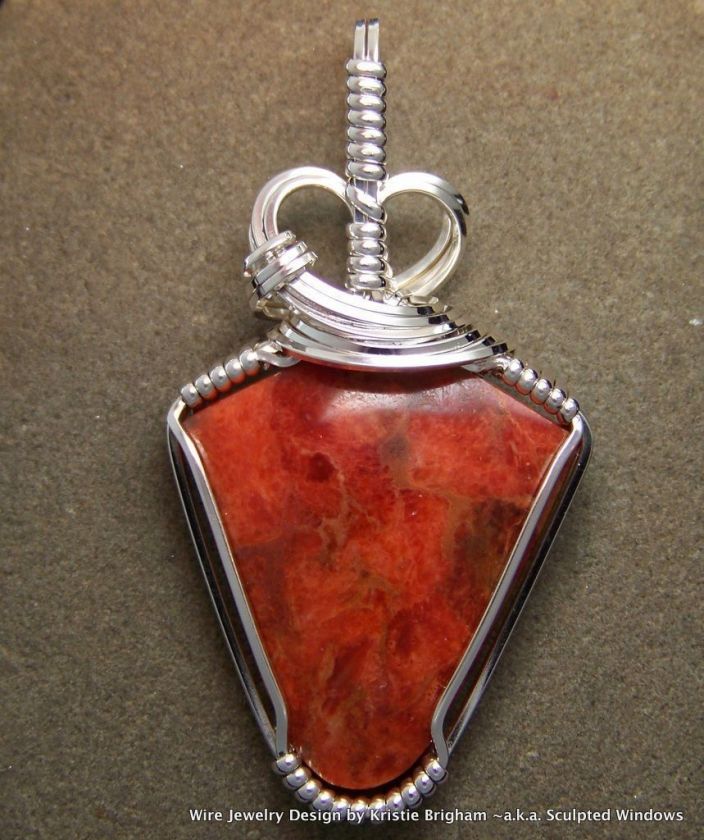 Natural RED CORAL Sterling Silver WIRE WRAP PENDANT  