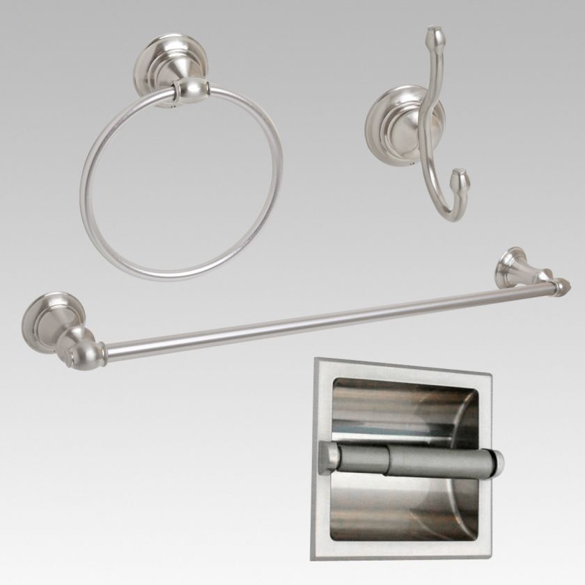 Satin / Brushed Nickel 24 Towel Bar Accessory 4 PC Set W/ Recessed T 