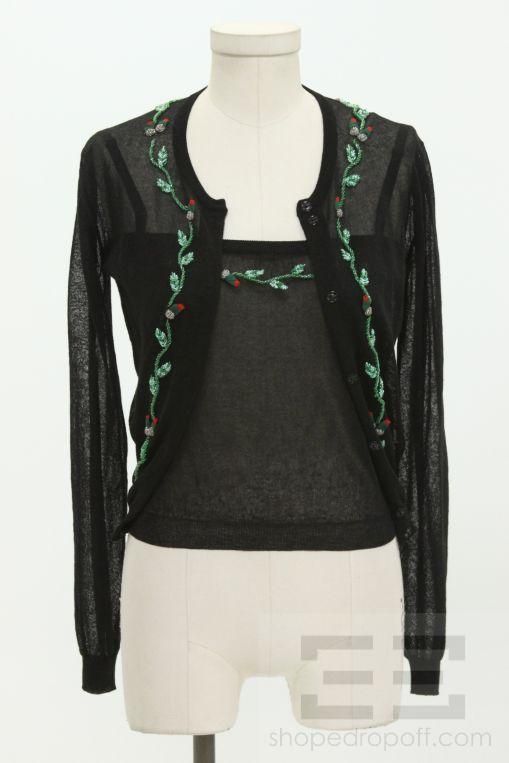 Dolce & Gabbana 2 Pc Black Floral Beaded Cami & LS Cardigan Set Size 