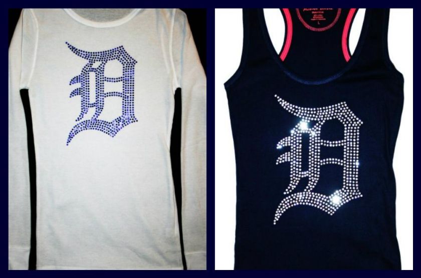 Studded Detroit Tigers D Bling Jersey Tank Top Tee T Shirt LONG SLEEVE 