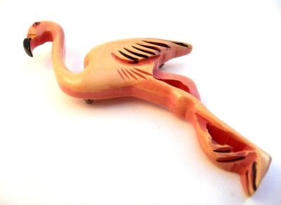 HUGE Vintage 1930s 40s Rare PINK FLAMINGO Carved & Overdye BAKELITE 