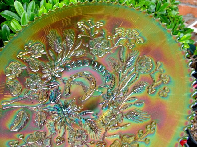 ANTIQUEc1910NORTHWOODCARNIVAL GLASSGREENGOOD LUCKPLATEXLT  