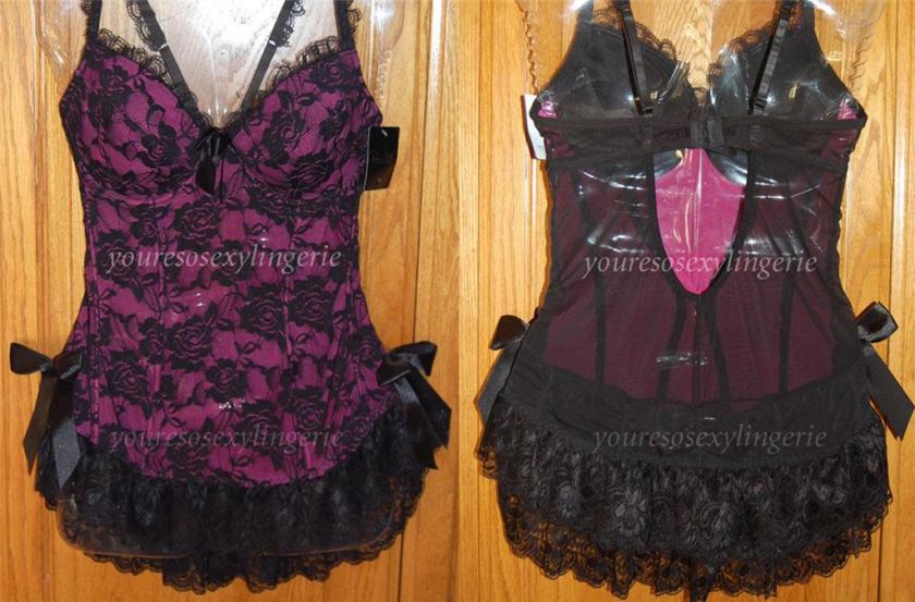 SeXy RUFFLE Romance LACE & MESH Bustier Set PINK VIOLET  