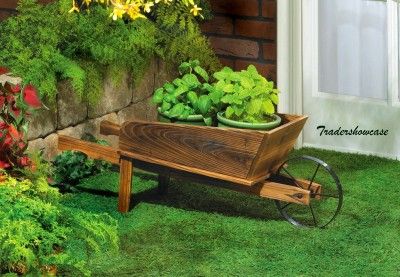 Wheel Barrel Wagon Flower Plant Stand Wooden Planter Cart Yard Art 