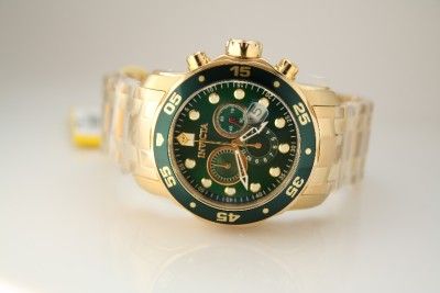 Mens Invicta 0075 Scuba Pro Diver Green Chronograph Gold Plated Watch 