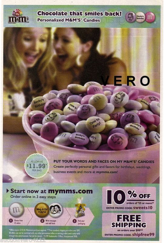 2010 magazine ad M&Ms PERSONALIZED mms PINK PURPLE  