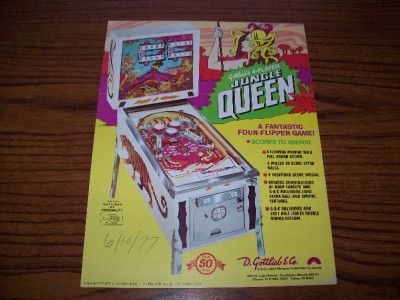 1977 GOTTLIEB JUNGLE QUEEN PINBALL MACHINE FLYER  