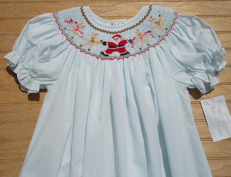   Lt. Blue Smocked Santa Reindeer Bishop Christmas Dress NEW 24M  