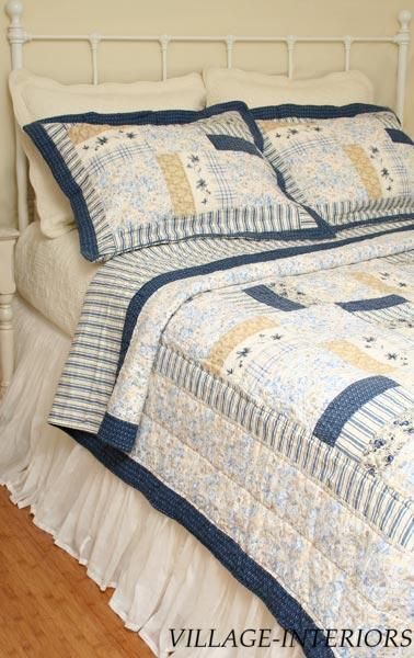 NATALIE COTTAGE BLUE TAN WHITE QUILTED STANDARD PILLOW SHAM  