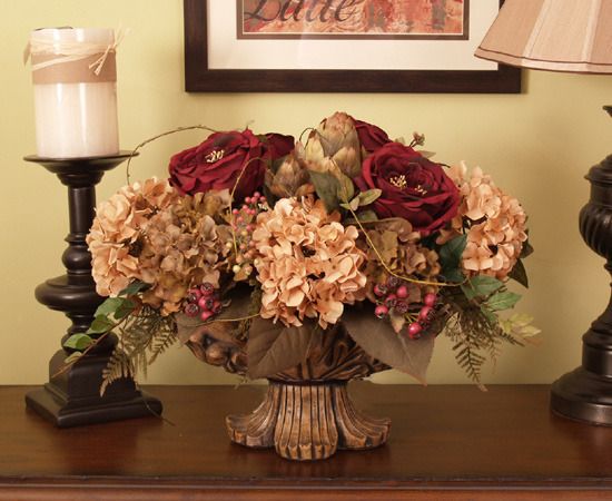   HYDRANGEA & ROSES w/ ARTICHOKES SILK FLOWER CENTERPIECE ARRANGEMENT