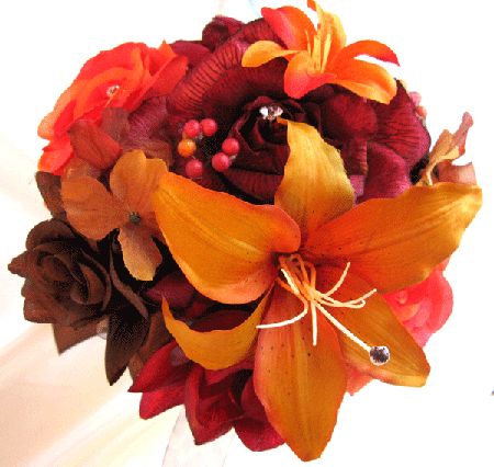 Wedding Bouquet Bridal Silk flowers FALL BROWN ORANGE LILY 17pc 