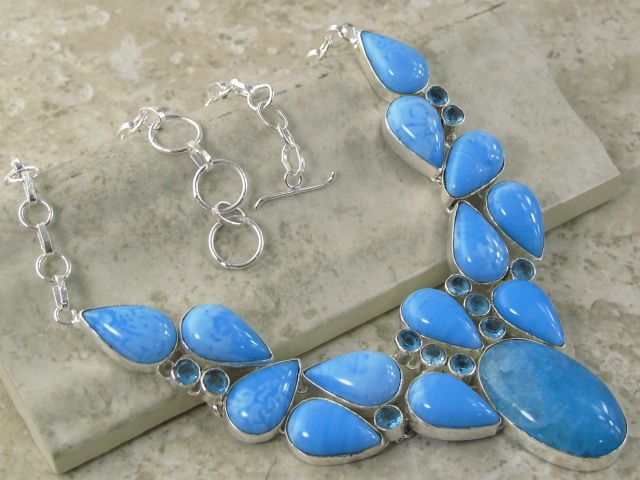 blue jade   chalcedony   topaz quartz ~~ silver necklace _ 21 inch 