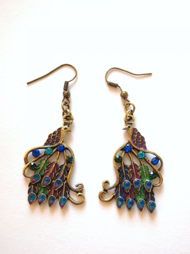 Antique Gold Tone Peacock Drop Earrings Blue Green Purple Enamel hippy 