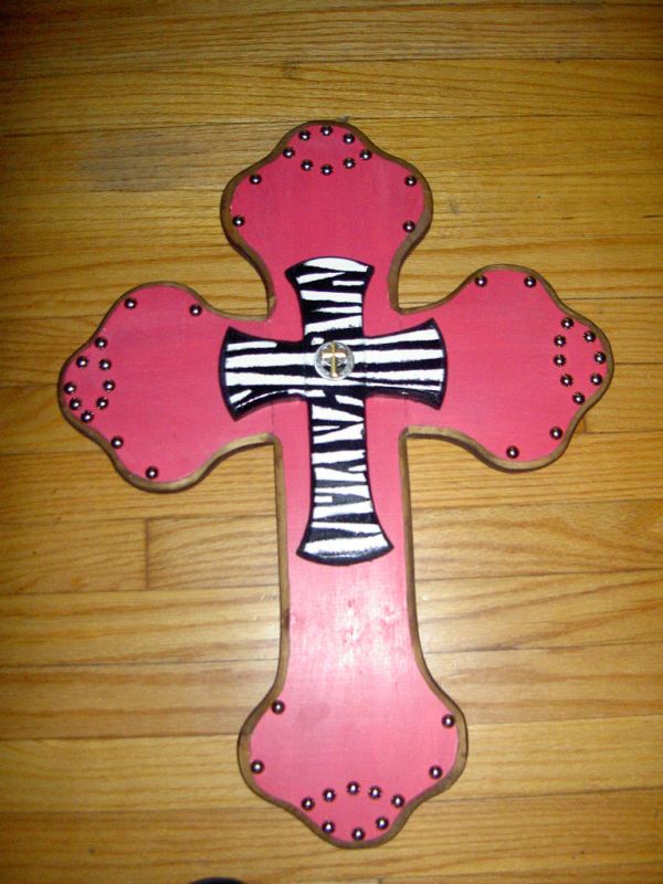 24 x 18 2 LAYER WOOD CROSS WALL DECOR PINK ZEBRA  