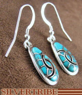 Sterling Silver & Turquoise Inlay Hook Dangle Earrings  