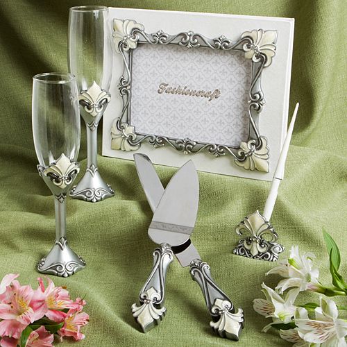 Fleur De Lis Wedding Accessory Set Cake/Knife Server Toasting Flutes 