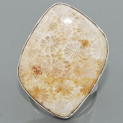 NATURAL FOSSIL CORAL GEMSTONE 925 STERLING SILVER RING JEWELRY SIZE 