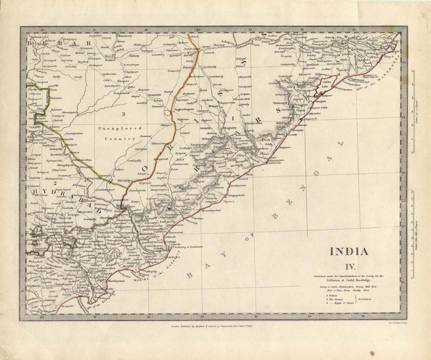 Rare 1832 SDUK Map of INDIA Orissa, AP, Chhattisgarh  