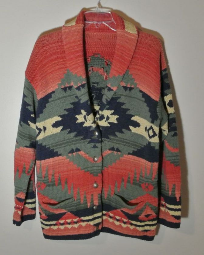   Lauren Indian Navajo Blanket Cardigan Hand Knit Sweater Coat M  