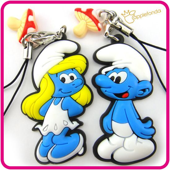 U174 Cute plastic phone strap girl and boy blue smurf (2 in 1)  