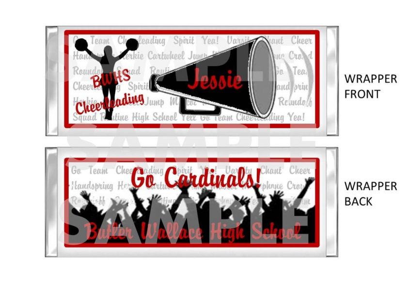 SCHOOL CHEERLEADING candy bar wrappers PERSONALIZED  