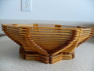 FRUIT FLOWER DECAL WOOD POPSICLE STICK BOWL VINTAGE OLD  