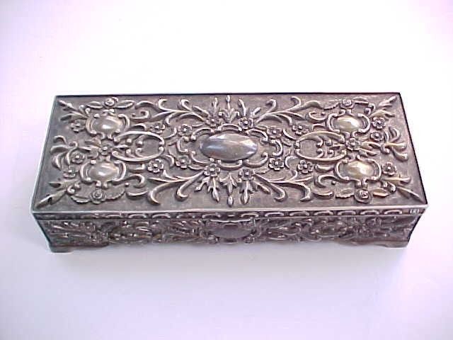   Estate Jewelry Casket / Box Very Heavy Repousse Plated White Metal